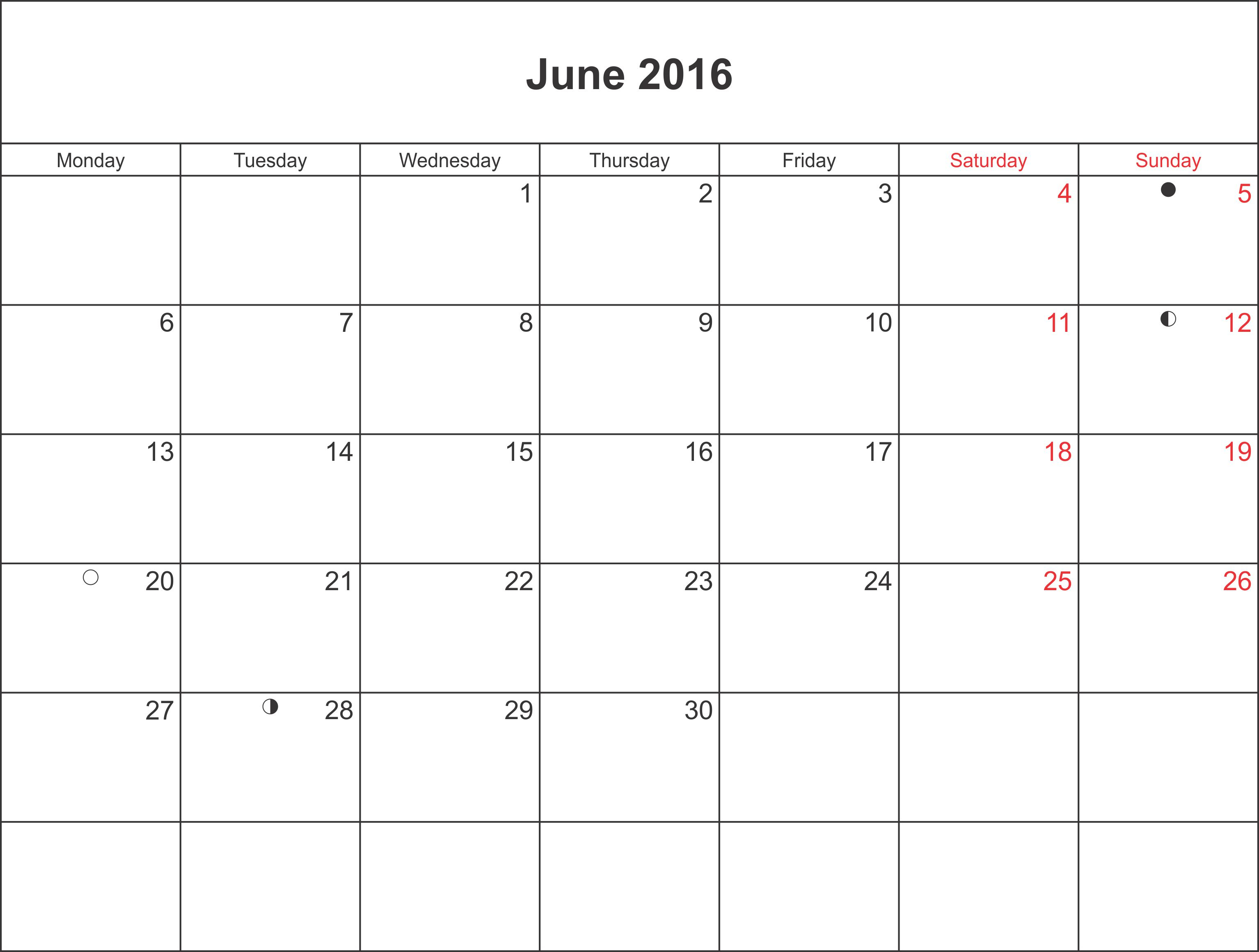 June 2016 Calendar  Printable Calendar Template 2020 2021 with regard to June 2016 Calendar Printable