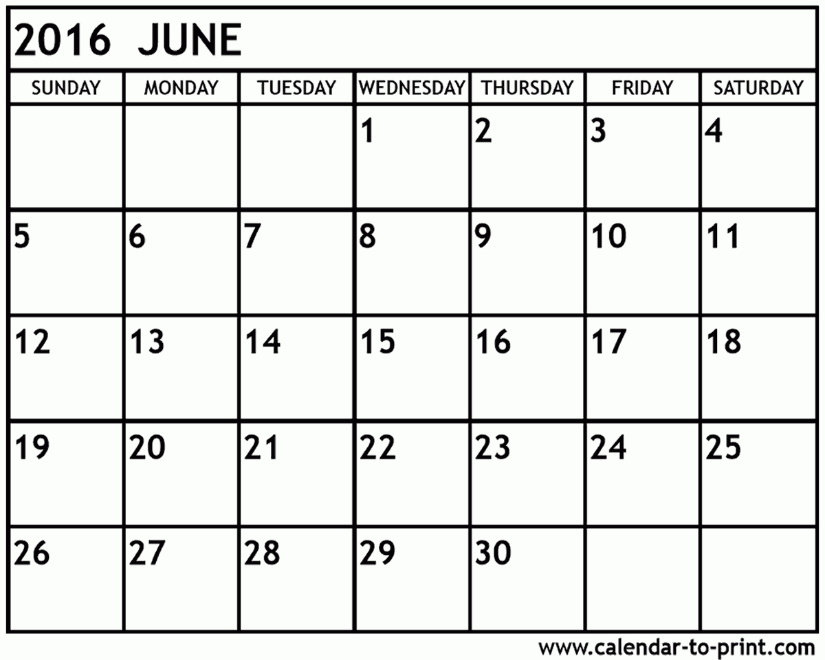 June 2016 Calendar Printable pertaining to June 2016 Calendar Printable