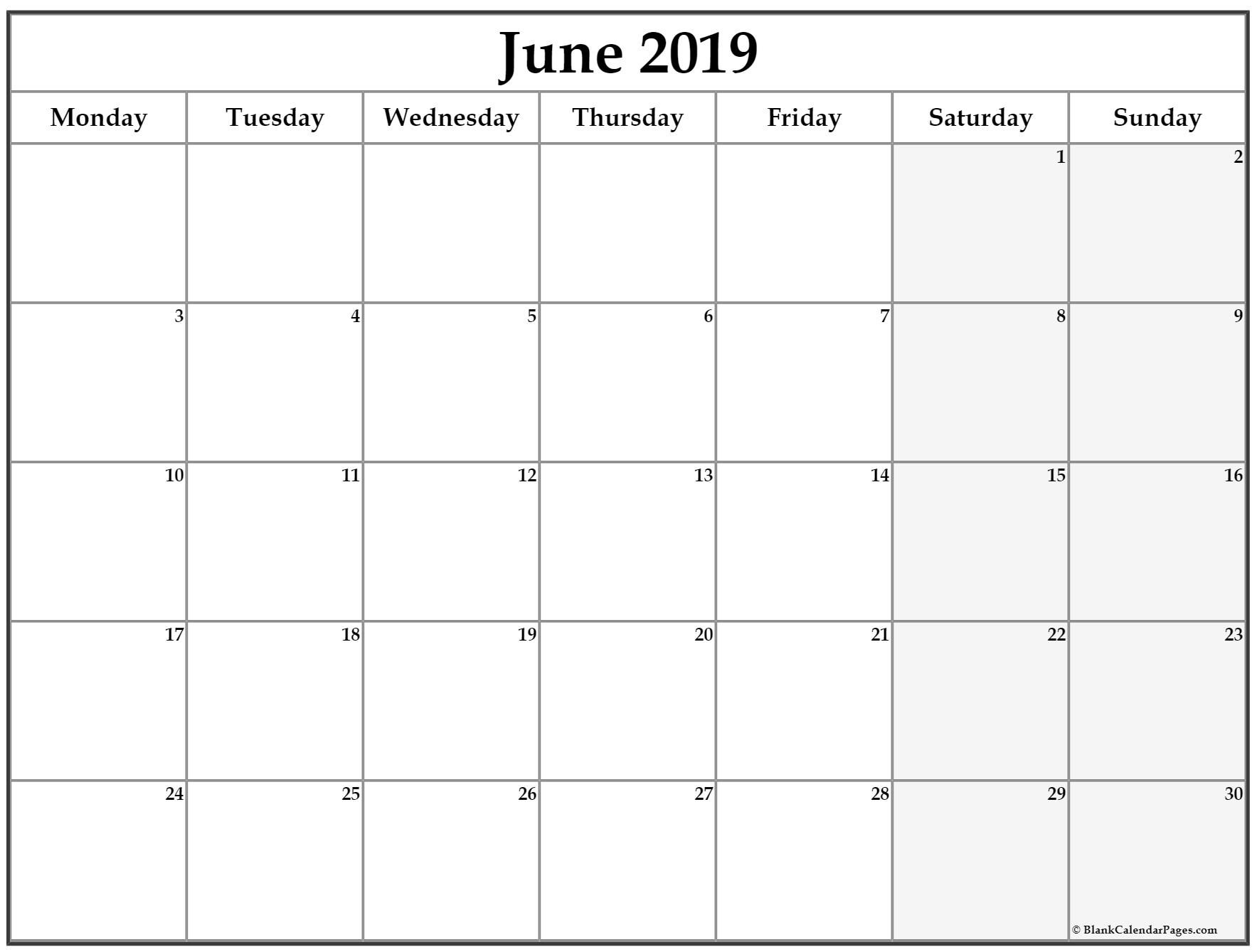June 2019 Monday Calendar. Monday To Sunday | Calendar, June throughout Blank Calendar Monday Through Sunday