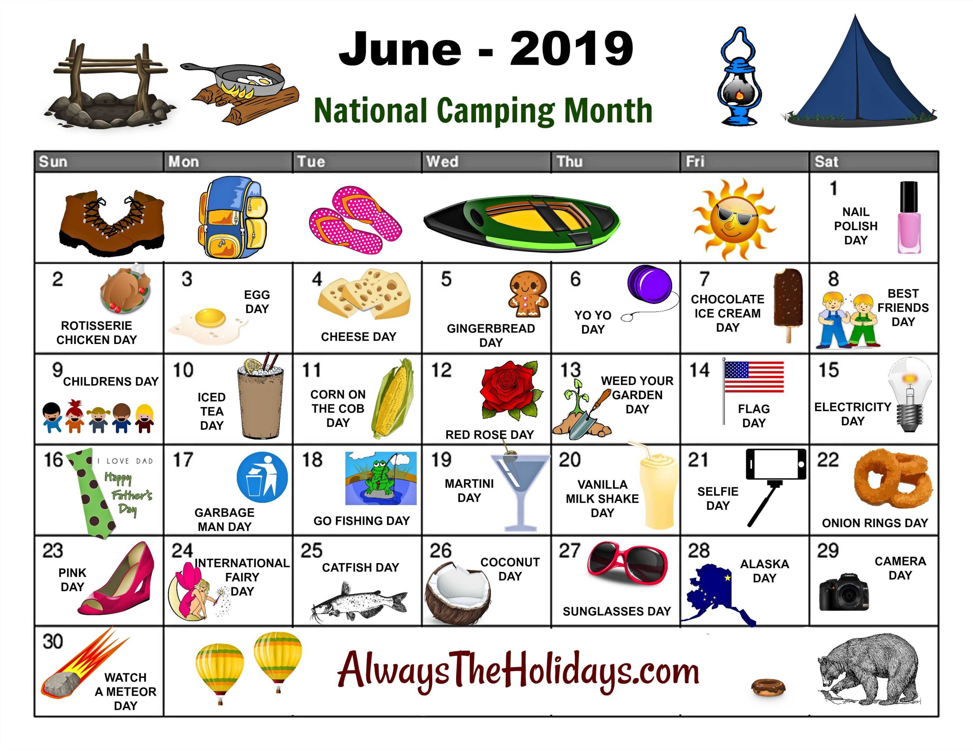 June National Day Calendar Printable  Father&#039;s Day, Camping inside International Days In June