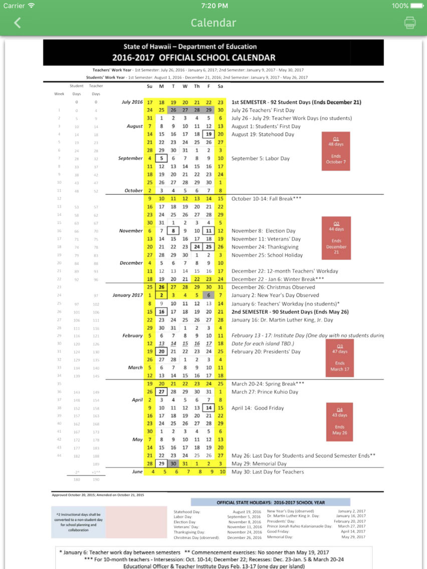 King Kamehameha 3 School Calendar for Planning