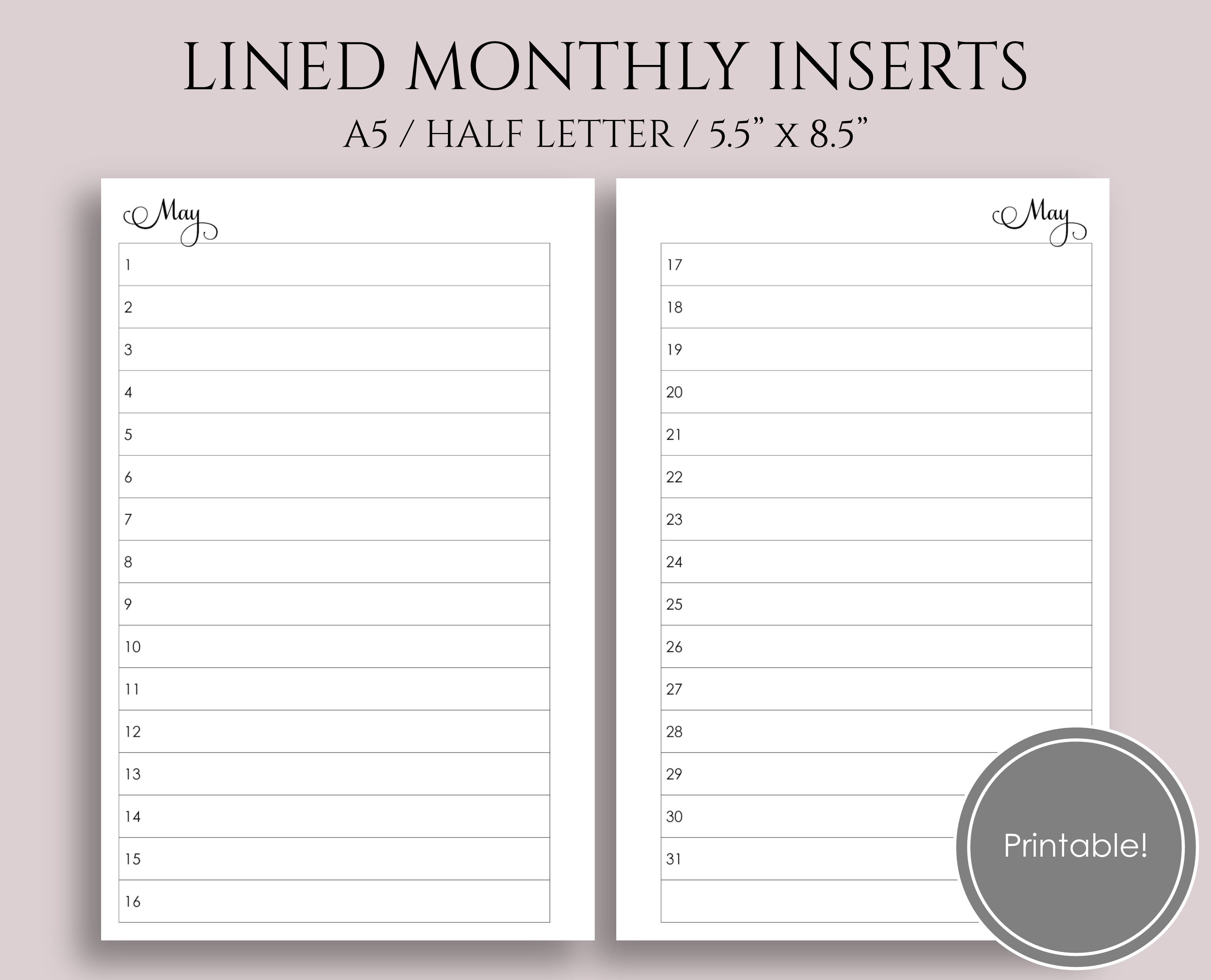 Lined Monthly Calendar A5 Half Letter Planner Printable  Pt throughout Printable Lined Monthly Calendar