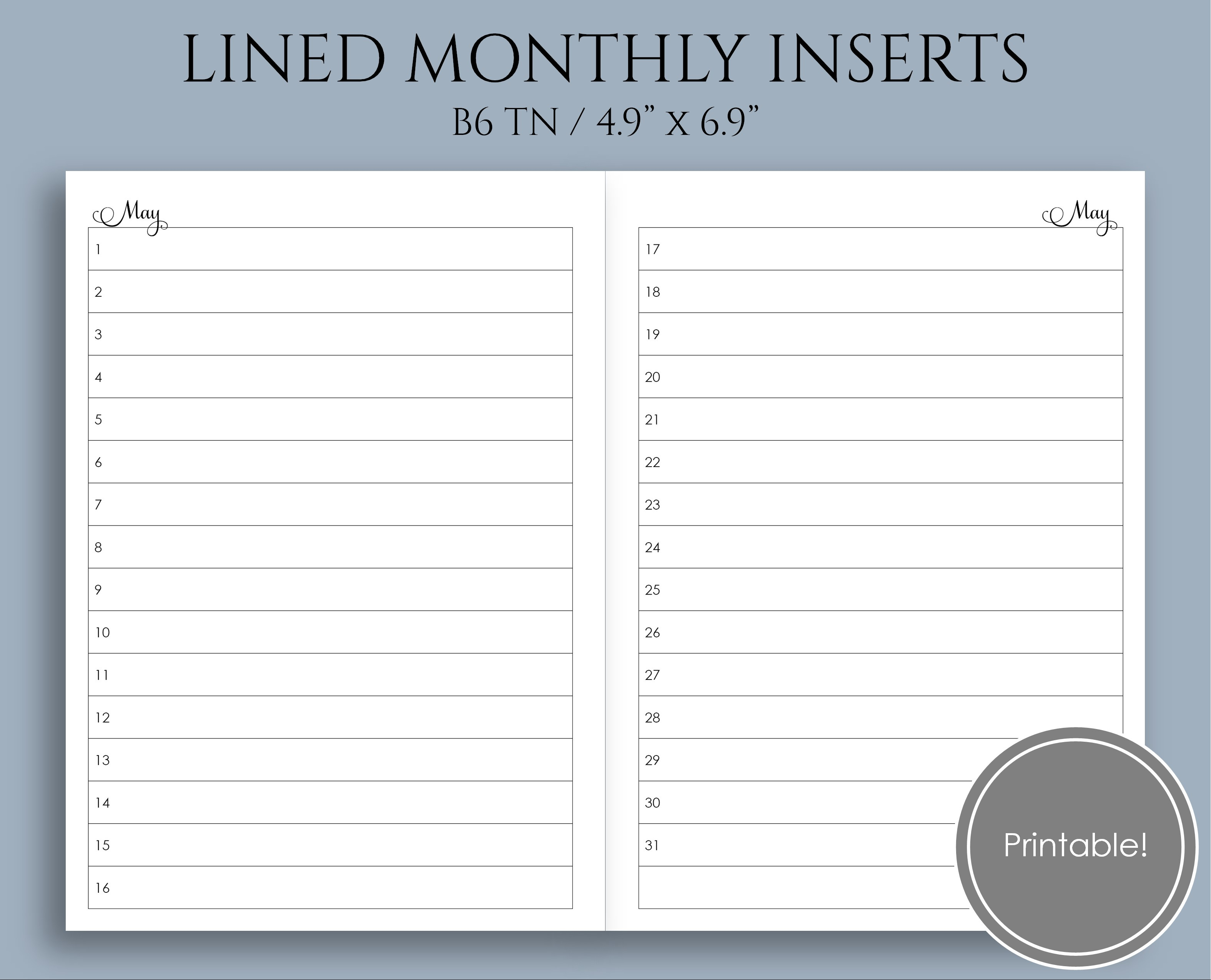 Lined Monthly Calendar List B6 Tn No 5 Printable Planner in Printable Lined Monthly Calendar