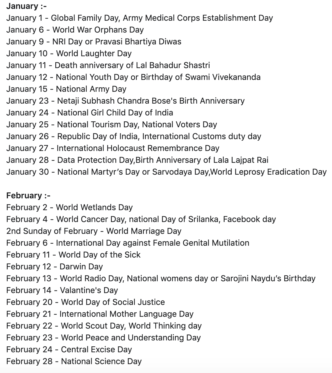 List Of National And International Days | Month Wise for International Days In January
