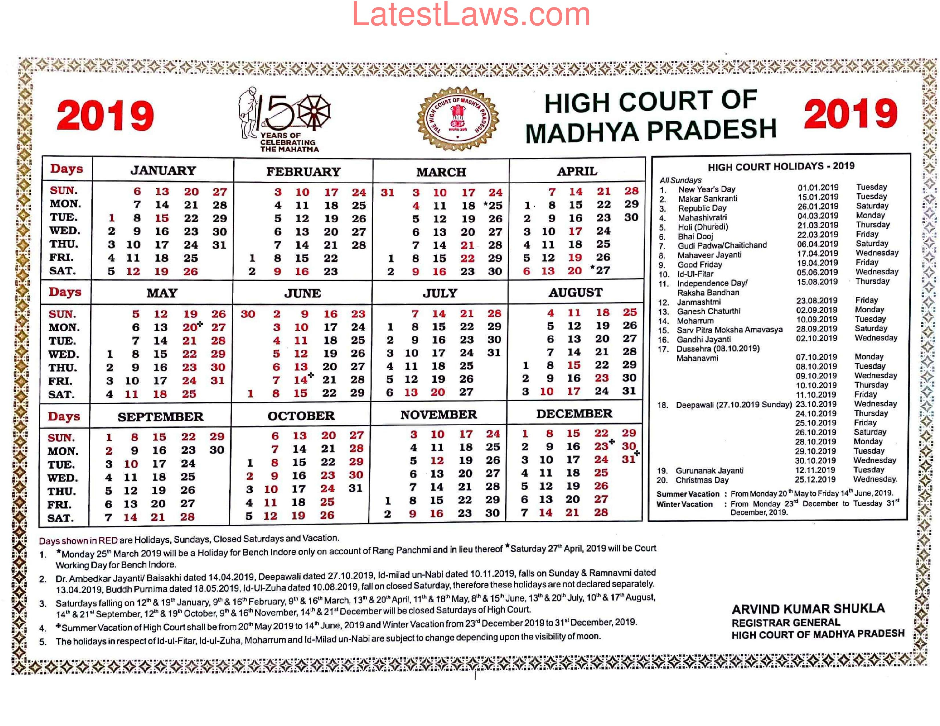 Madhya Pradesh High Court Calendar 2019 for Bihar Government Holiday Calendar 2020