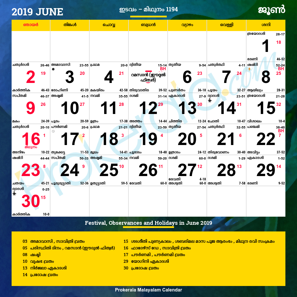 Malayalam Calendar 2019, June inside 1993 Kannada Calendar
