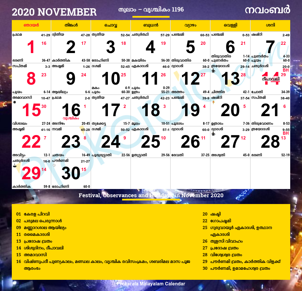 Malayalam Calendar 2020 | Kerala Festivals | Kerala Holidays for Vishu 2020 Malayalam Calendar