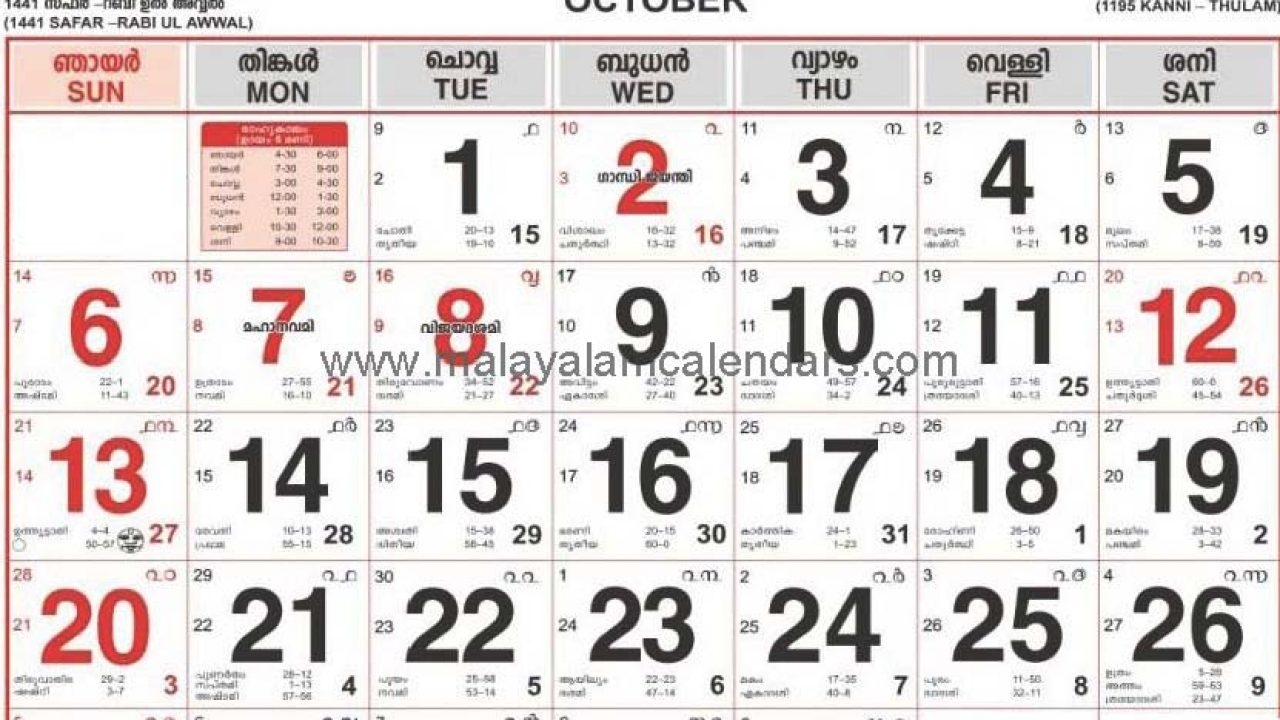 Malayalam Calendar October 2019 – Malayalamcalendars with Kerala Govt Calendar 2020 September
