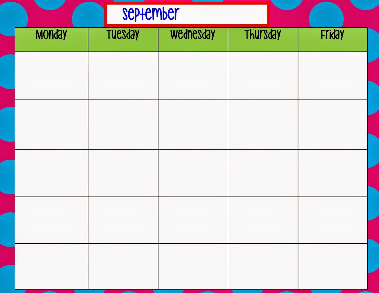 Monday+Through+Friday+Calendar+Template | Weekly Calendar in Monday Through Friday Blank Calendar