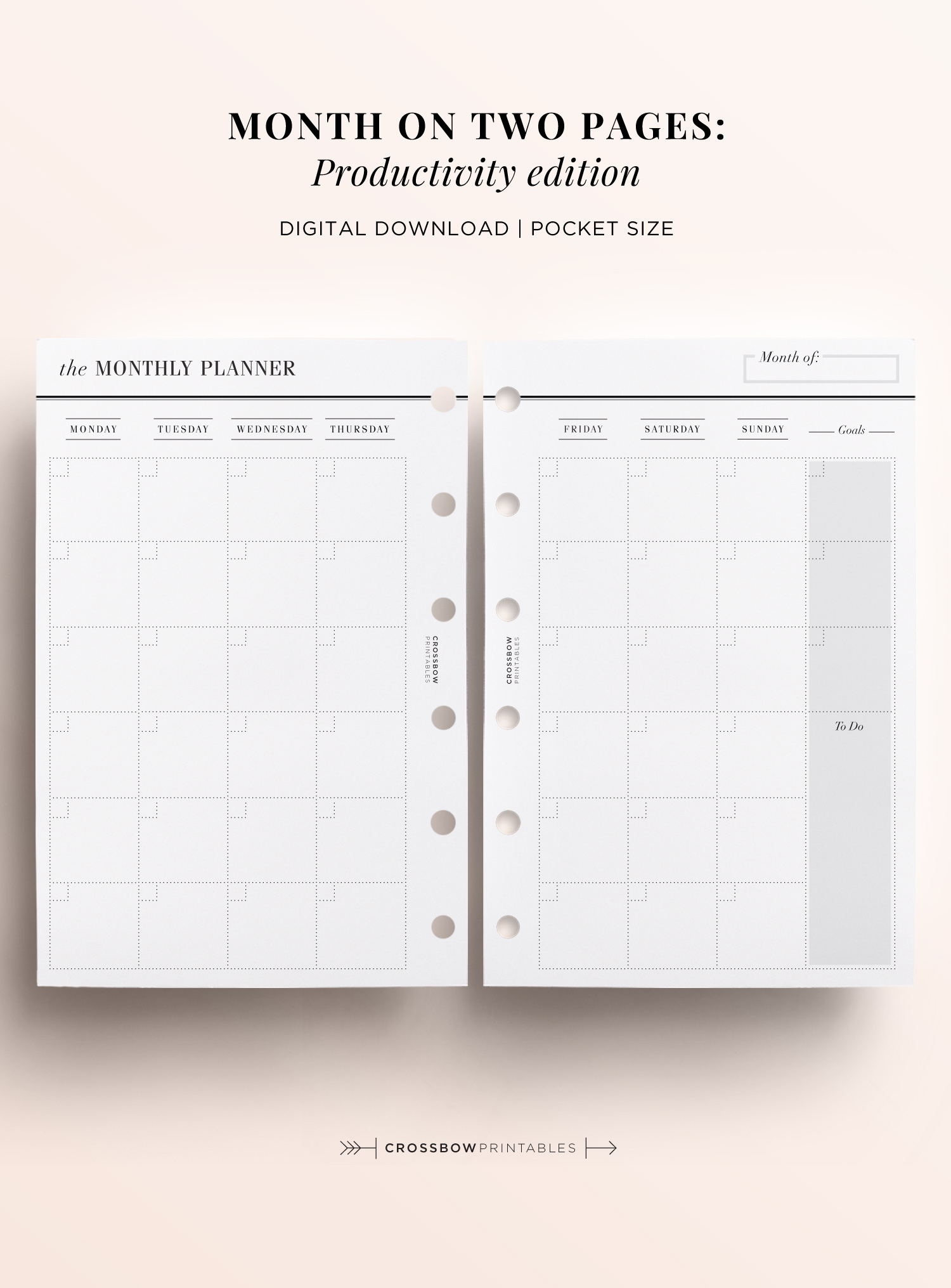 Month On Two Pages Productivity Edition: Printable Pocket Size Calendar for Printable Pocket Calendar