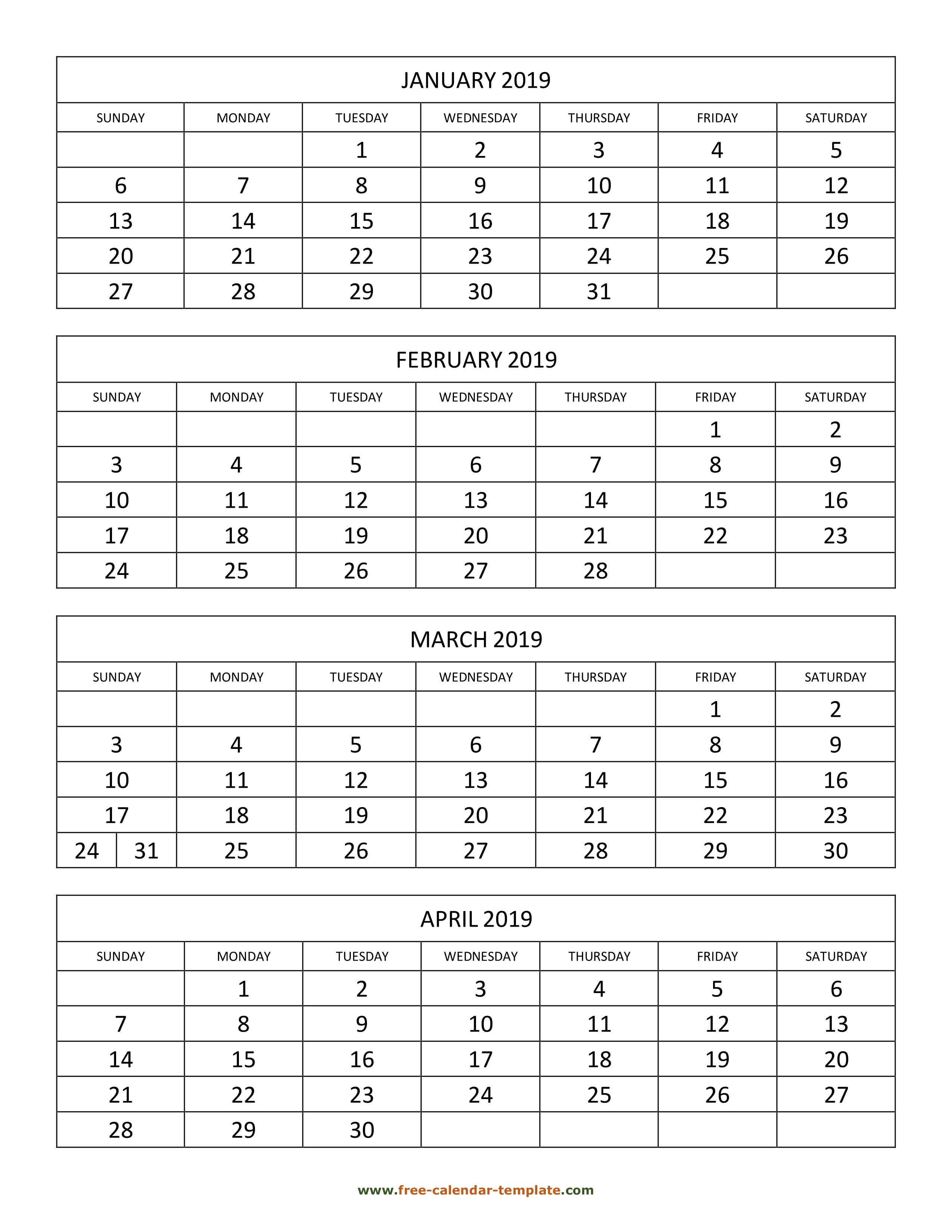 Monthly 2019 Calendar 4 Months Per Page (Vertical) | Free inside 4 Month Calendar Template