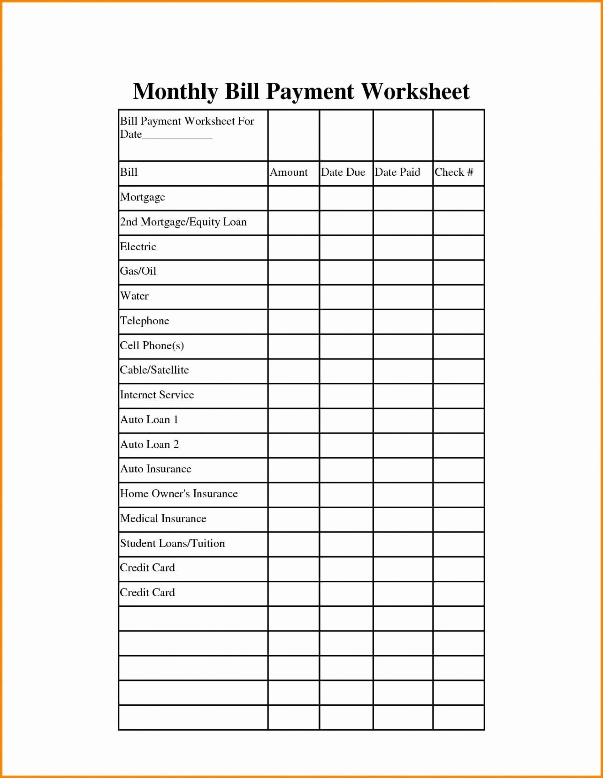 Monthly Bill Budget Spreadsheet Payment Worksheet Bills with Monthly Bill Payment Worksheet