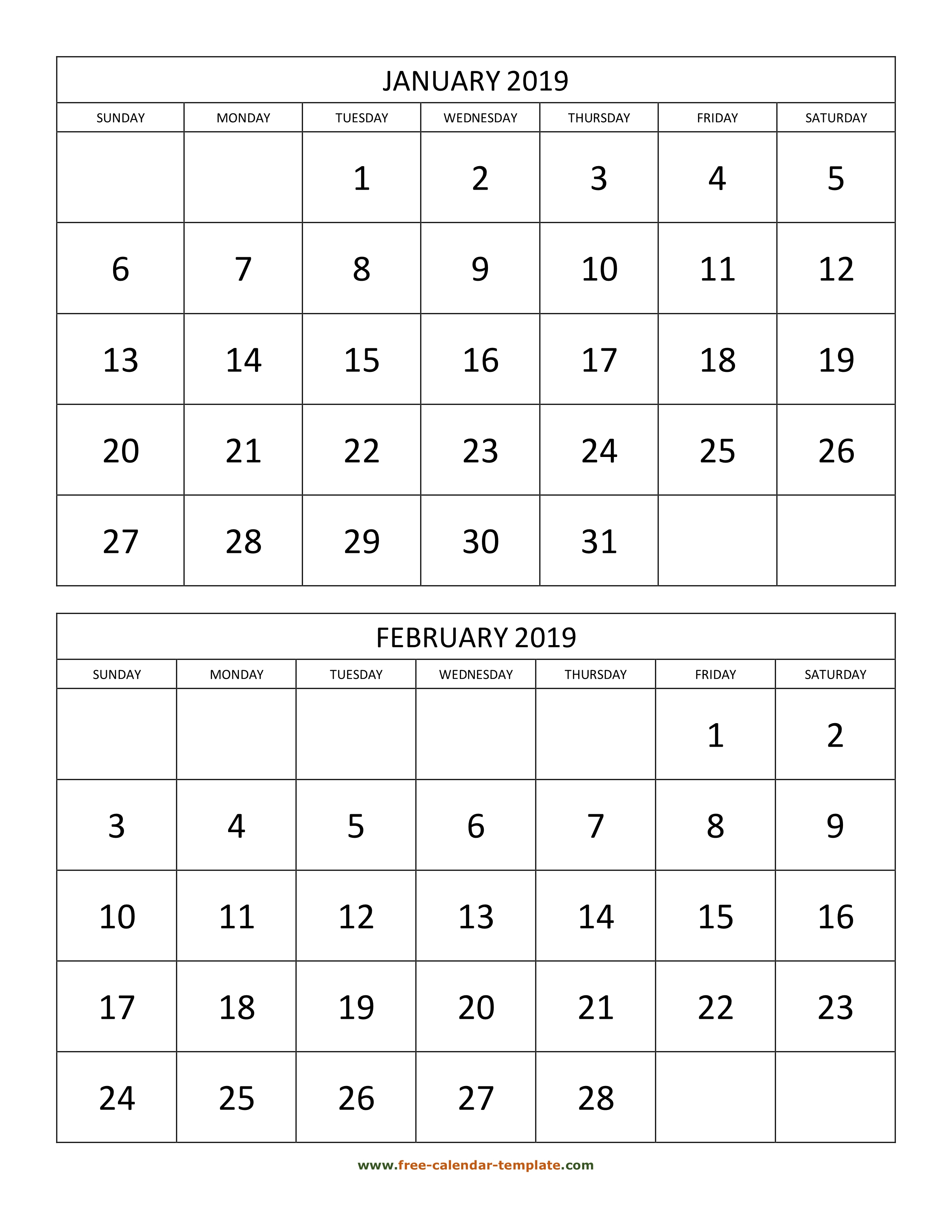 Monthly Calendar 2019, 2 Months Per Page (Vertical) | Free throughout Blank 2 Month Calendar