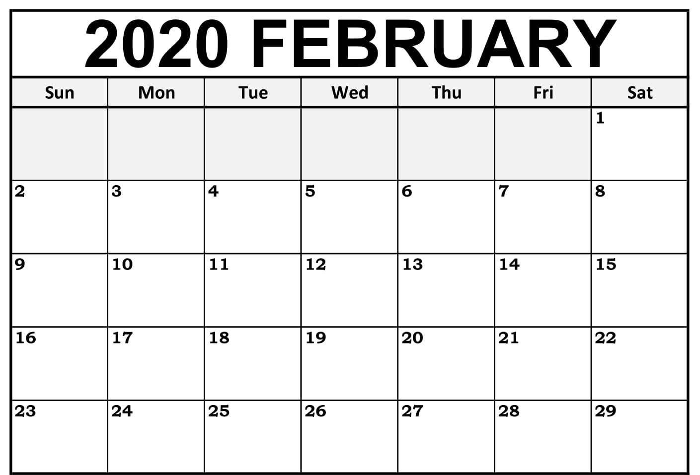 Monthly February 2020 Calendar  Blank Printable Template pertaining to Free Printable 5 Day Monthly Calendar 2020