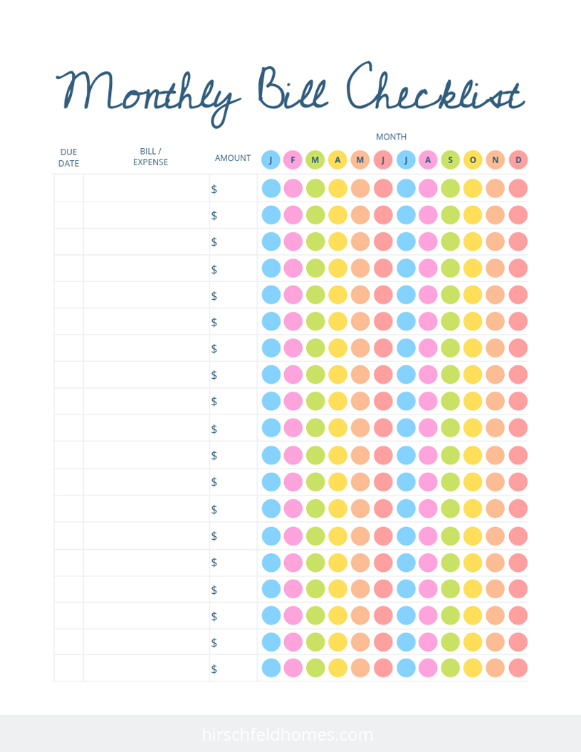 Monthlybillchecklistfreeprintable | Hirschfeld for Free Printable Monthly Bill Checklist