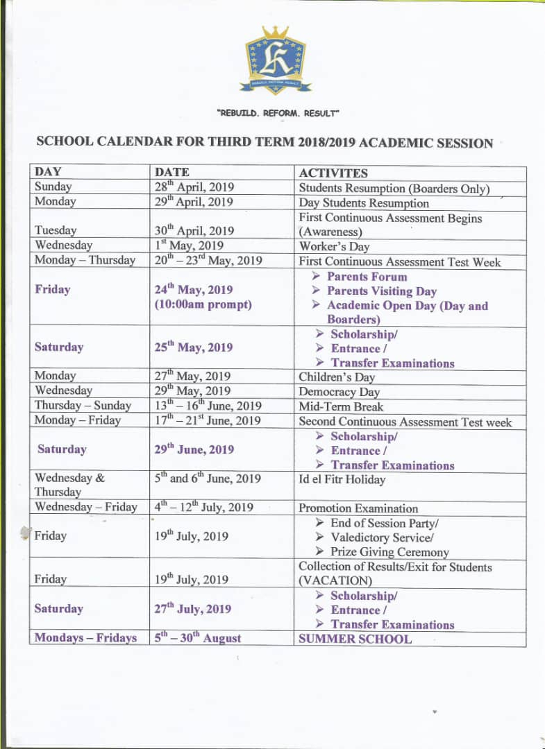 News Details pertaining to Third Term School Calendar
