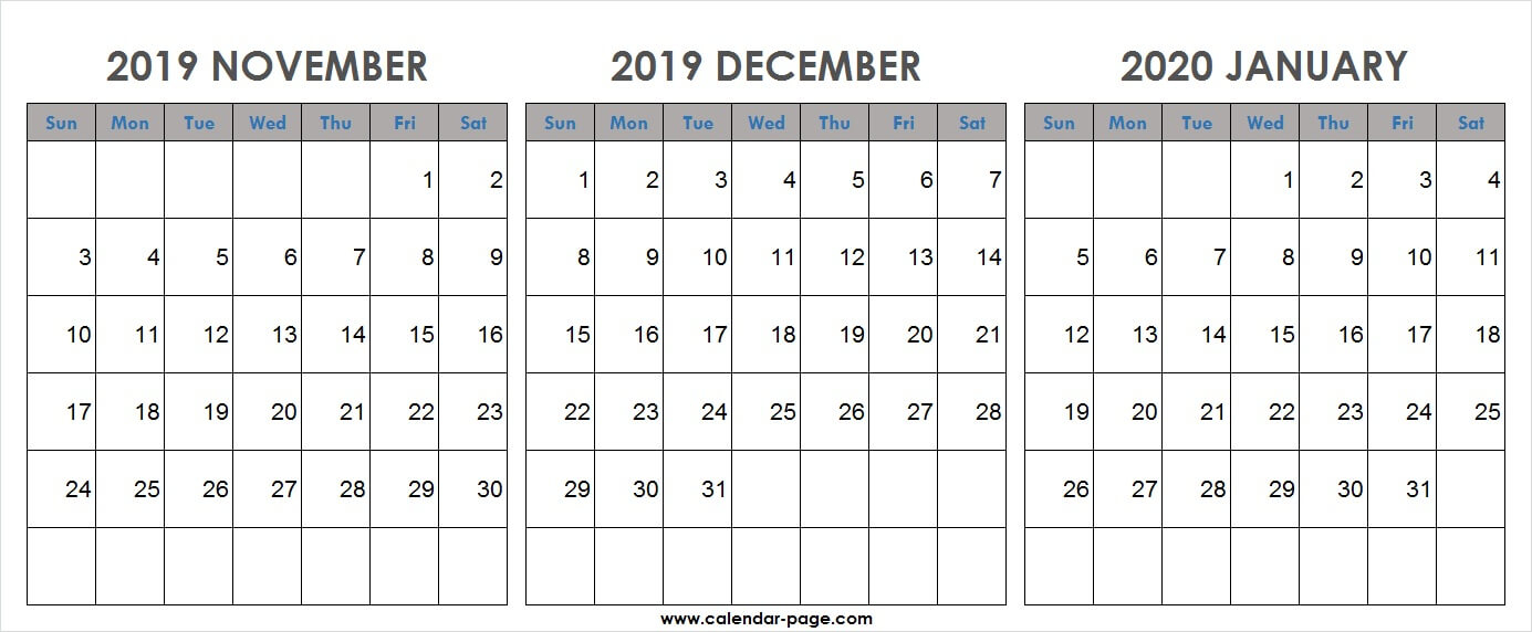 Nov Dec 2019 Jan 2020 Calendar Template | Landscape Portrait inside Nov Dec 2020 Calendar