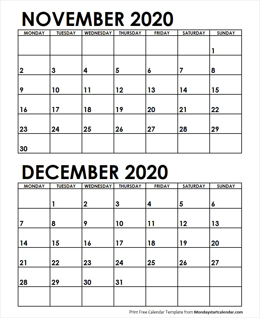 Nov Dec 2020 Calendar Monday Start | Editable Two Months in Nov Dec 2020 Calendar