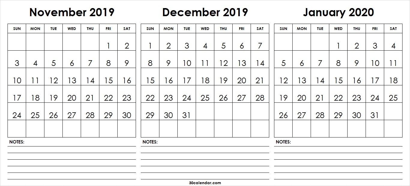 Novdec2019Jan2020Calendarprintable  30 Day Calendar regarding Nov Dec 2020 Calendar