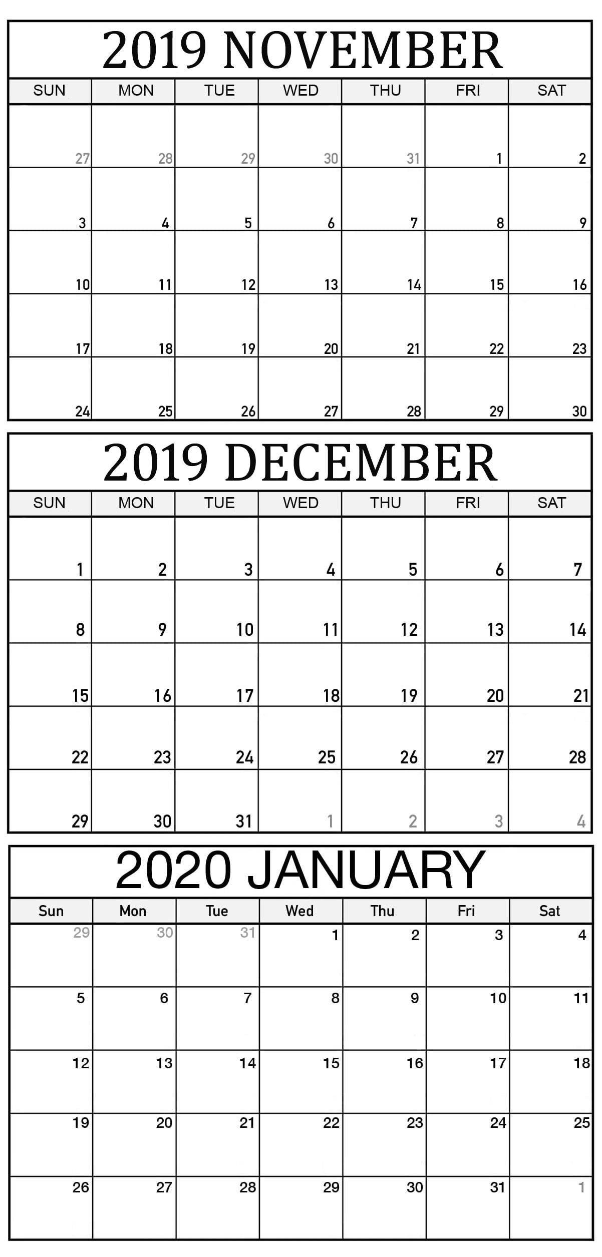 November 2019 To January 2020 Calendar Template  2019 pertaining to 3 Month Calendar Printable 2020