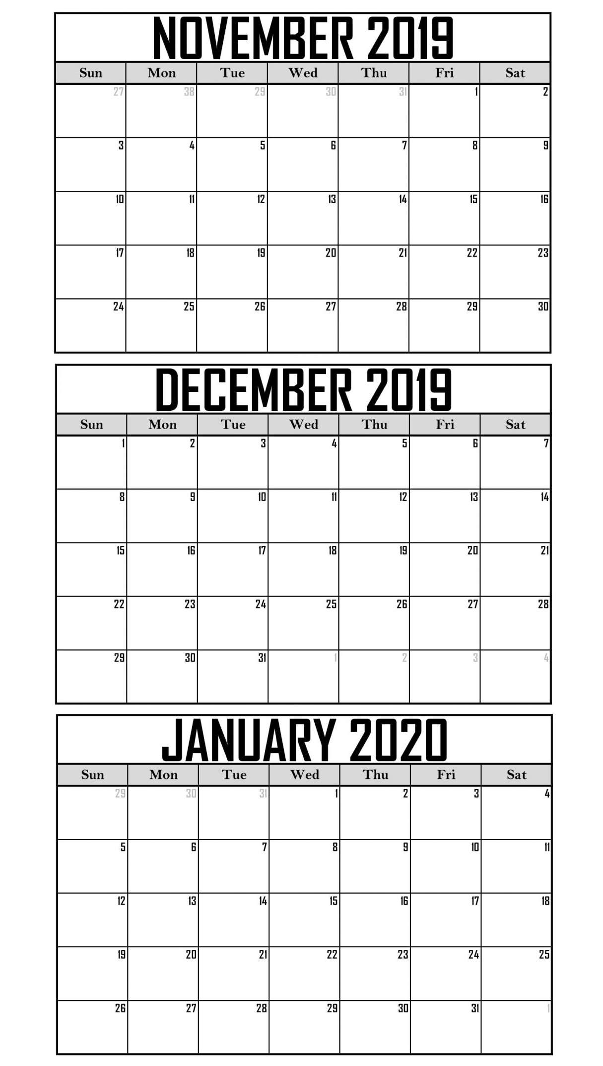 November 2019 To January 2020 Calendar Template  2019 with regard to November December January Calendar