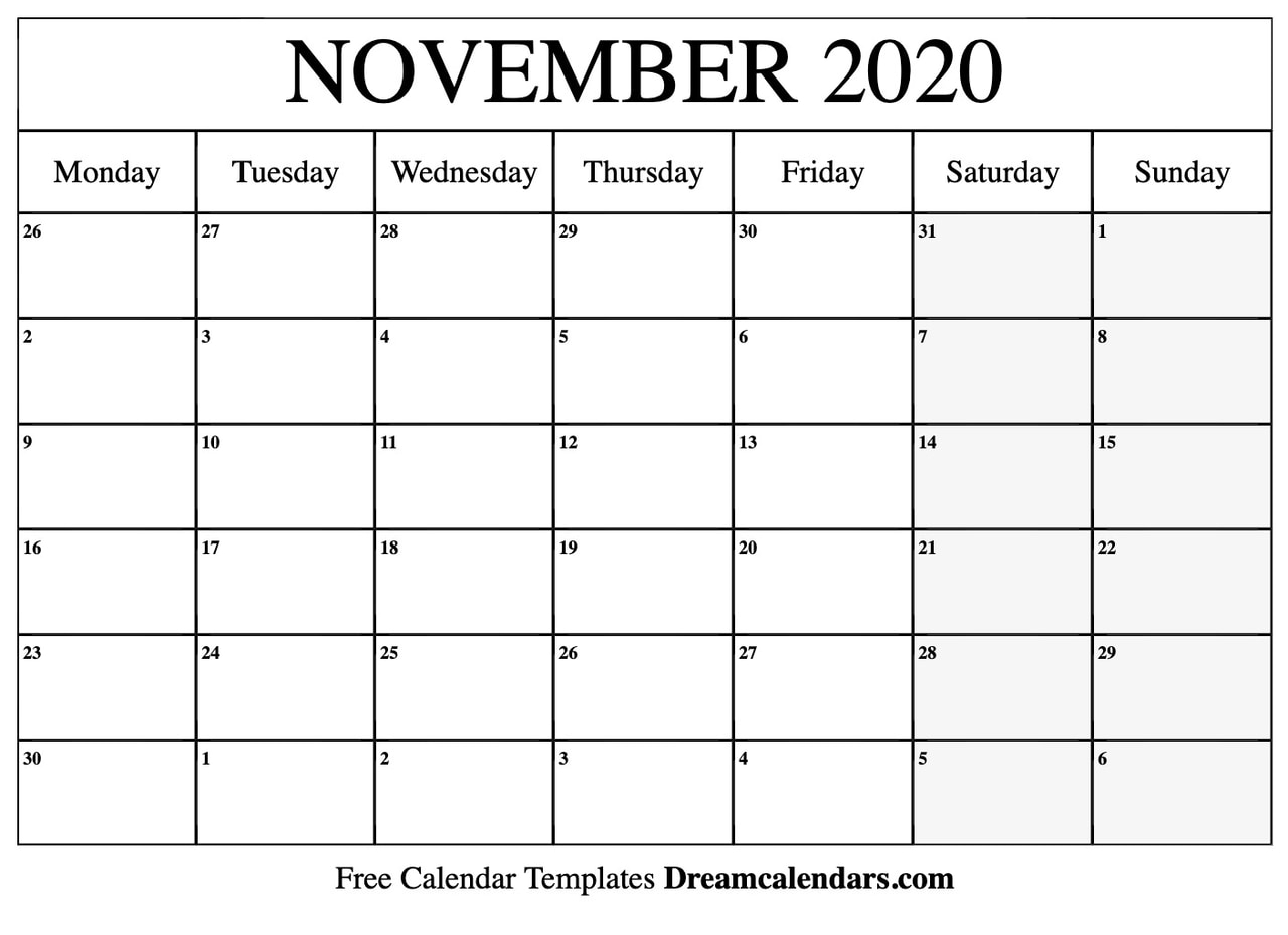 November 2020 Calendar Template  Bolan.horizonconsulting.co with regard to November 2020 Calendar Excel