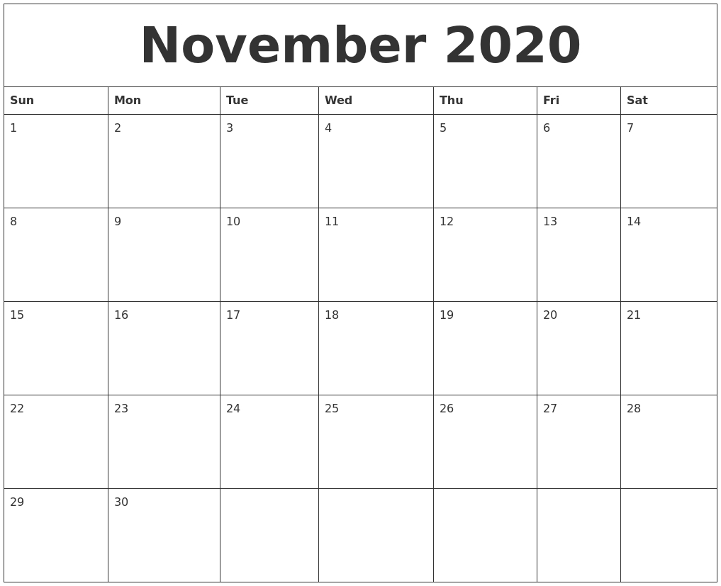 November 2020 Printable Calendar Pages inside 2020 Blank Calendar Pages