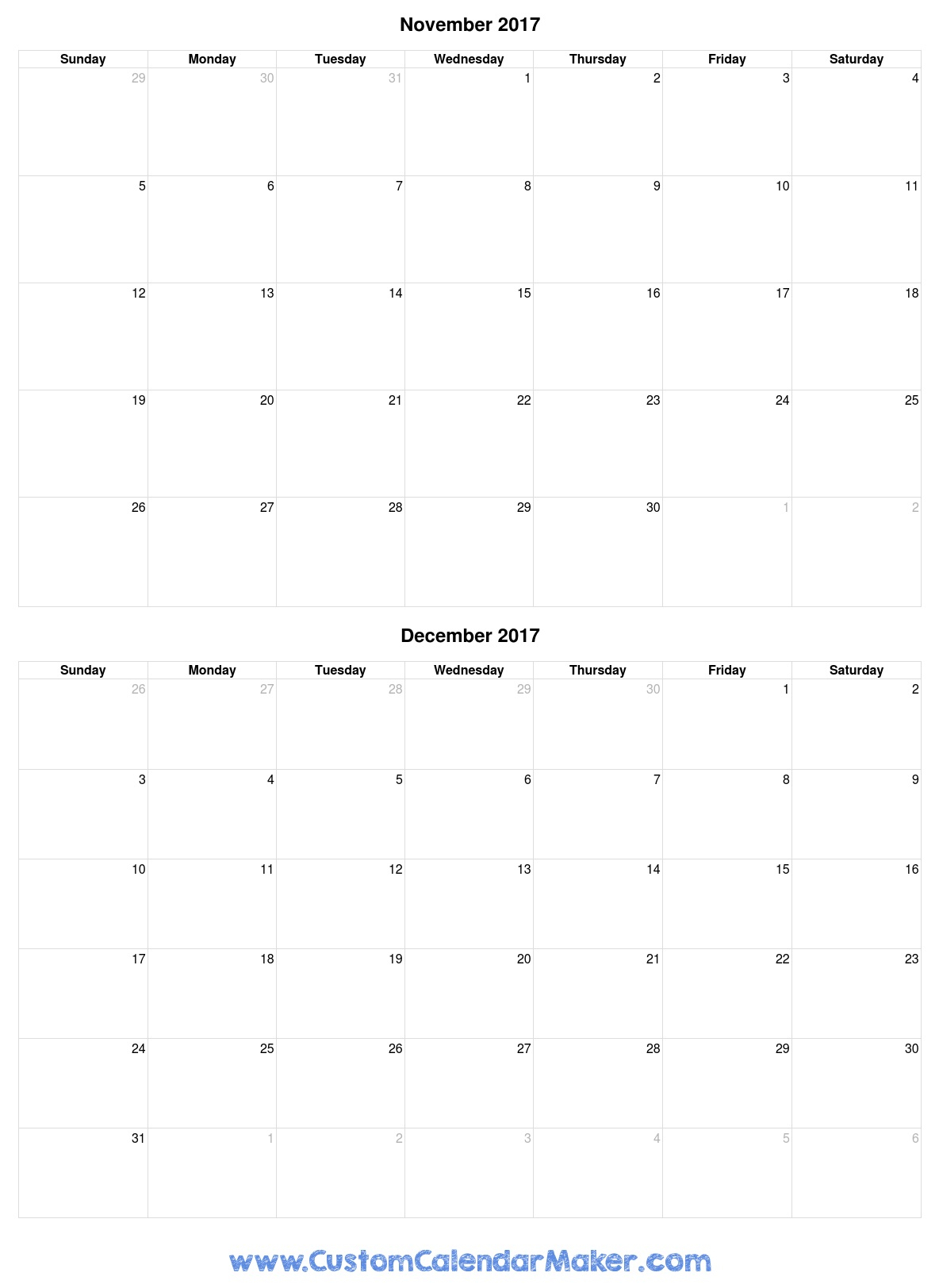 November And December 2017 Printable Calendar pertaining to December 2017 Calendar Printable