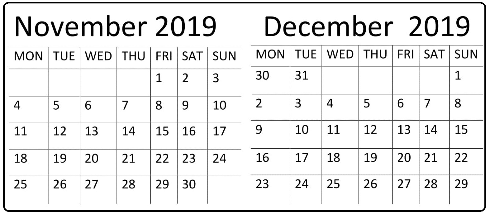 November December 2019 Calendar Printable Planner  Latest throughout Two Month Calendar November December 2020