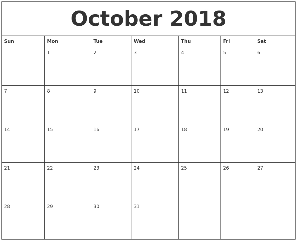 October 2018 Calendar Monday Starting | 2018 Calendars inside Blank Calendar Starting With Monday