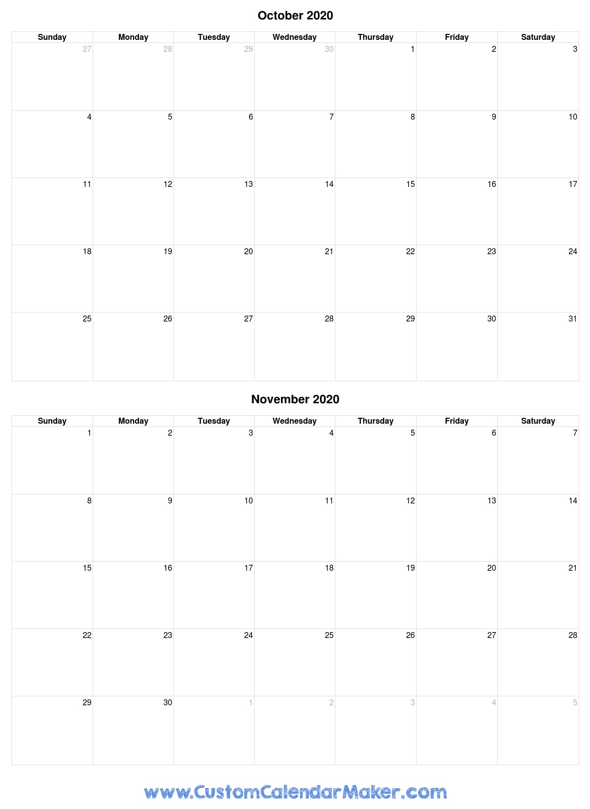 October And November 2020 Printable Calendar Template intended for October &amp; November 2020 Calendar