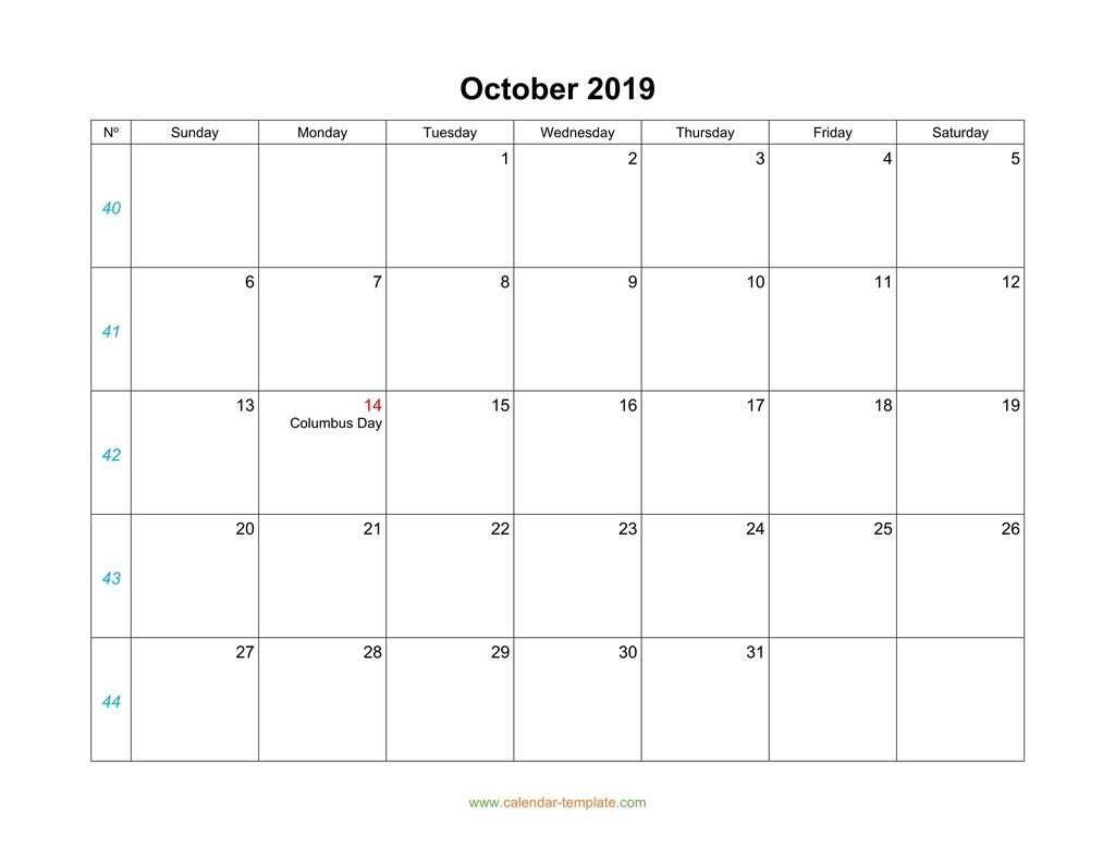 October Calendar 2019 Blank Template intended for Blank Calendar Monday Through Sunday