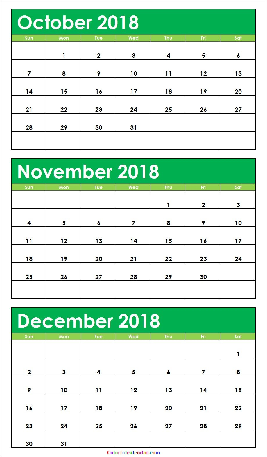 October November December 2018 Colorful Calendar Printable for November December January Calendar