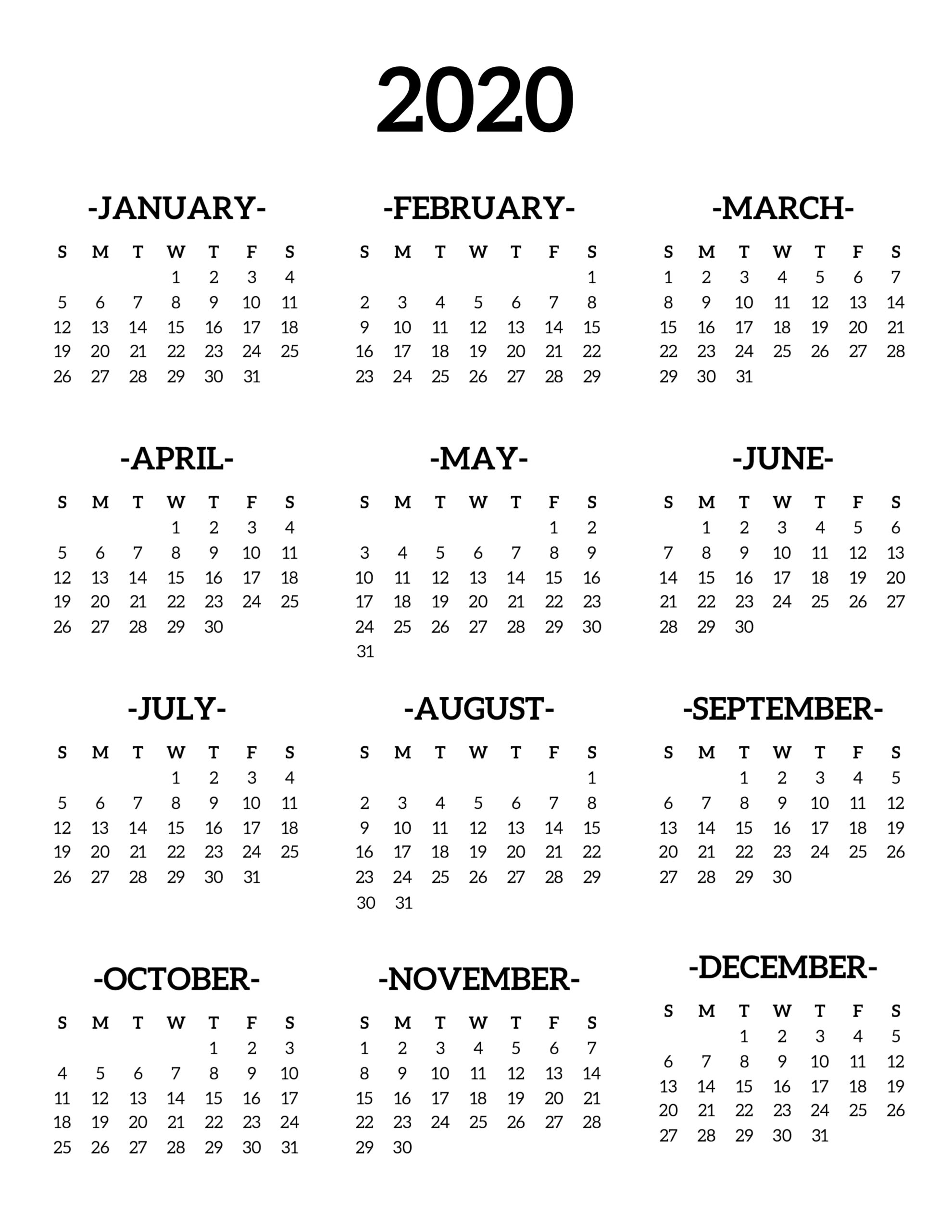 One Page 2020 Printable Calendar  Bolan.horizonconsulting.co in 2020 Calendar Printable
