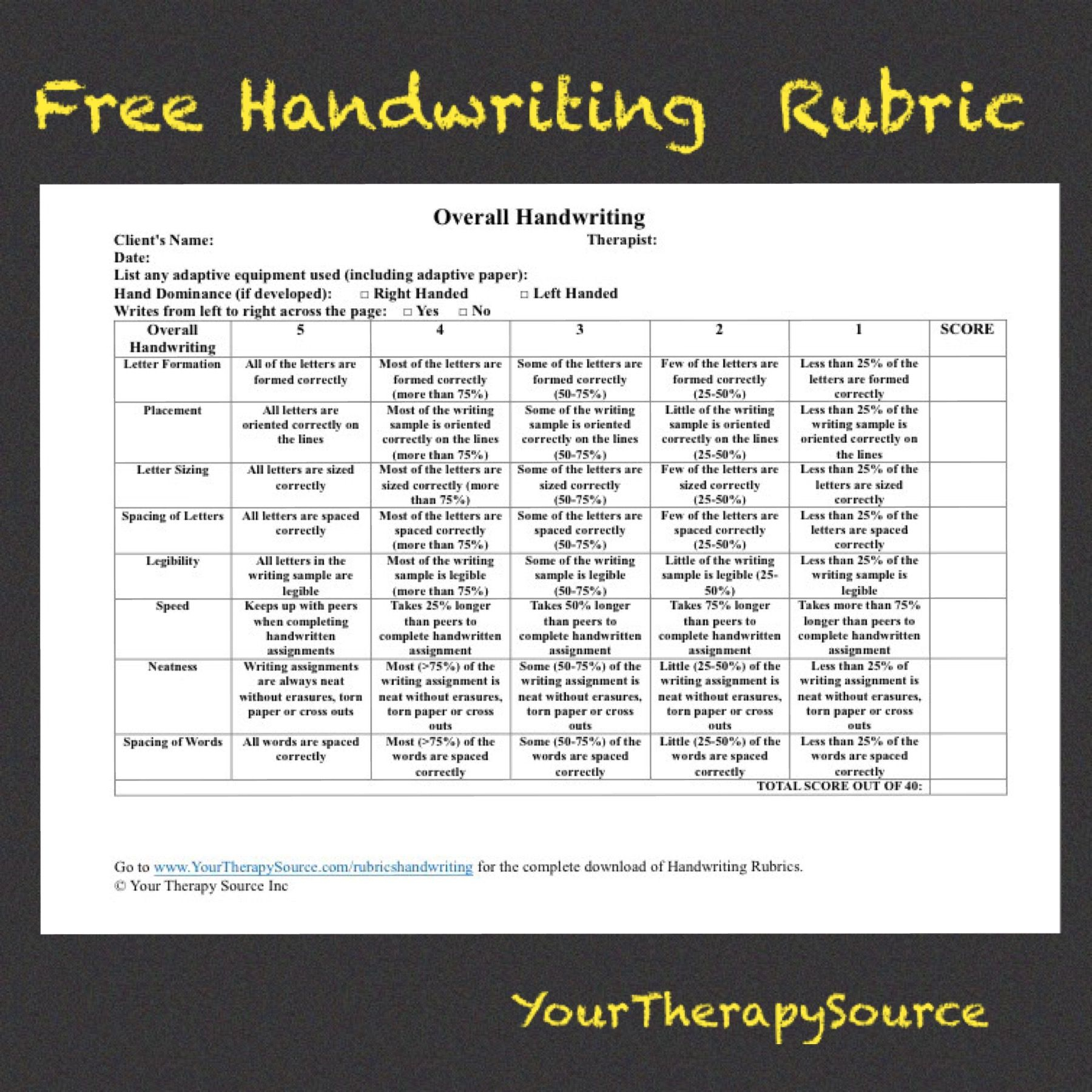 Overall Handwriting Rubric  Your Therapy Source | Free for Your Therapy Source Free