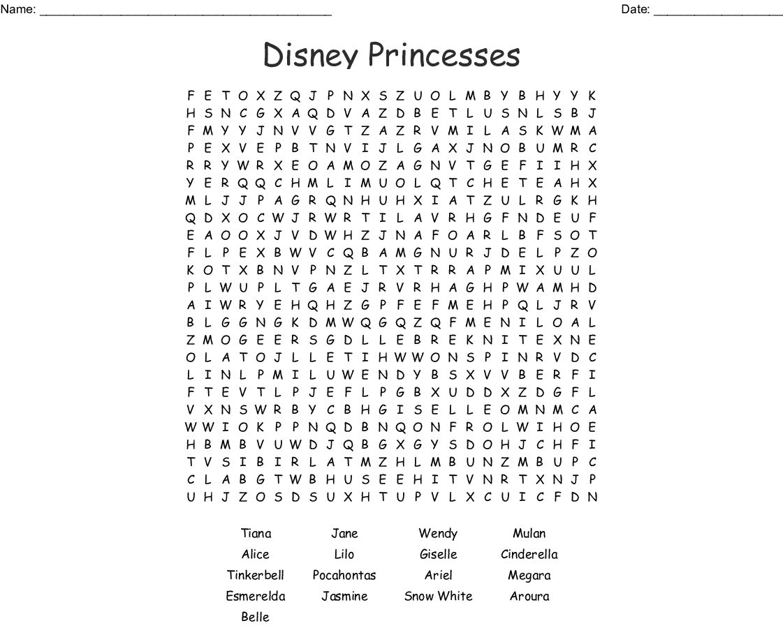 Princess Crossword  Wordmint throughout Disney Princesses Word Search