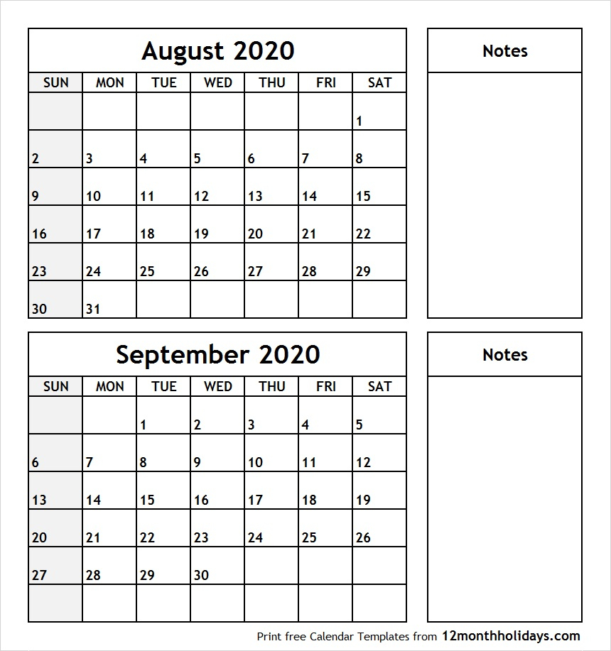 Print August September 2020 Calendar Template | 2 Month Calendar regarding August 2020 And September 2020 Calendar