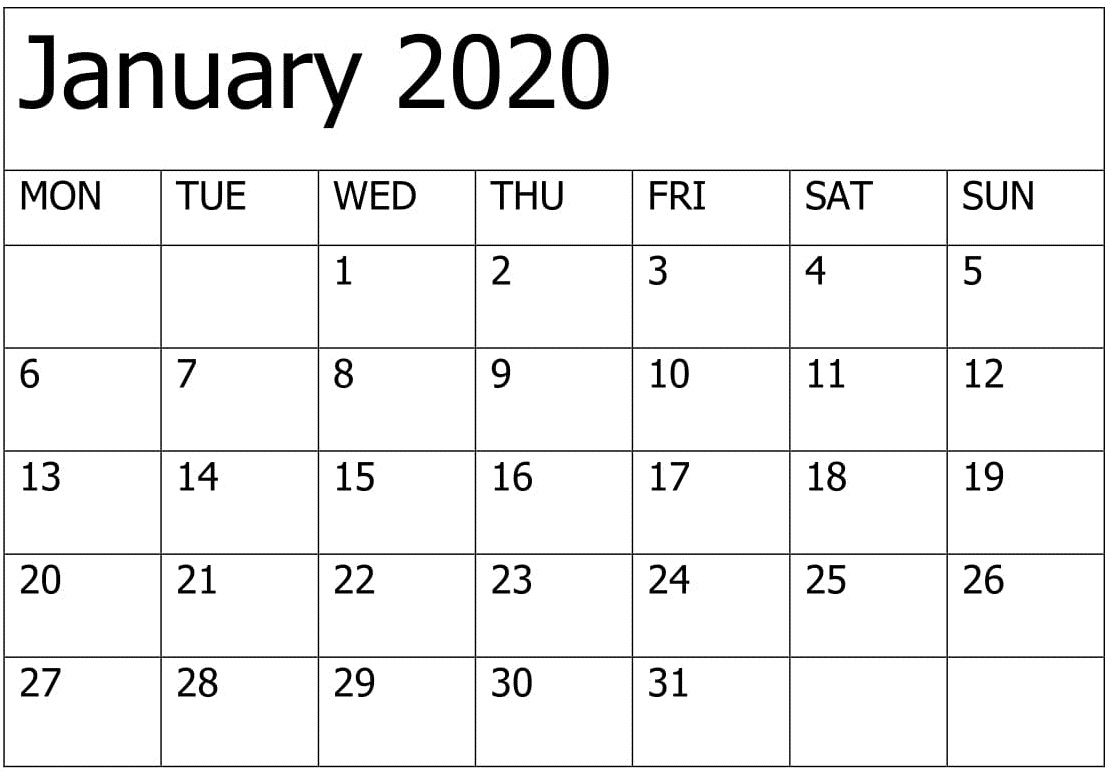 Print January 2020 Calendar Template | 12 Month Printable pertaining to January 2020 Calendar Png