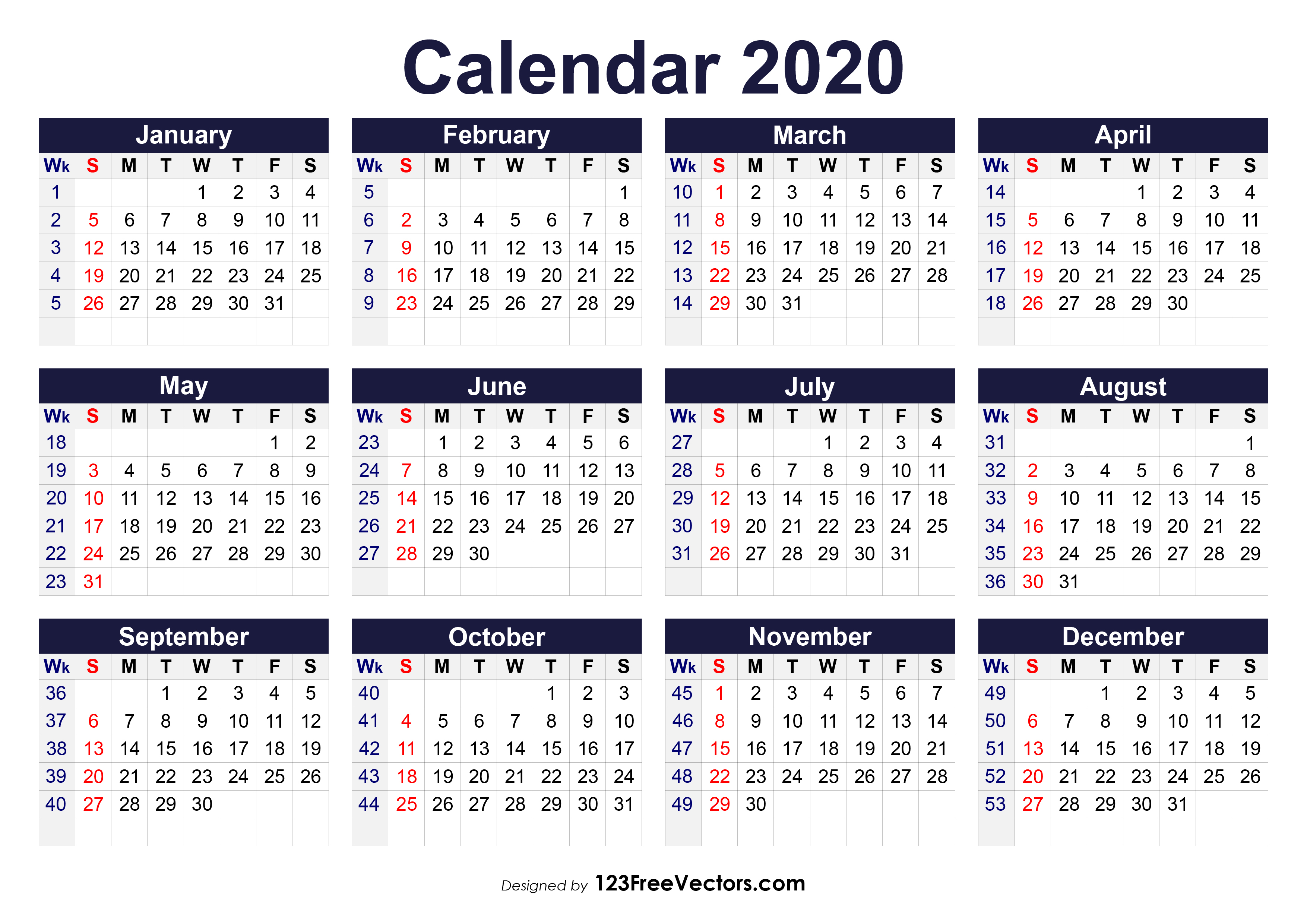 Printable 2020 Calendar With Week Numbers inside Printable Calendar By Week