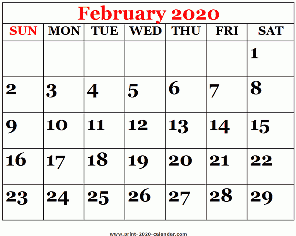 Printable 2020 February Calendar inside Feb 2020 Calendar