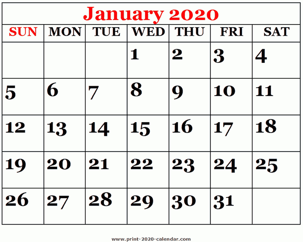 Printable 2020 January Calendar intended for Calendar 2020 January