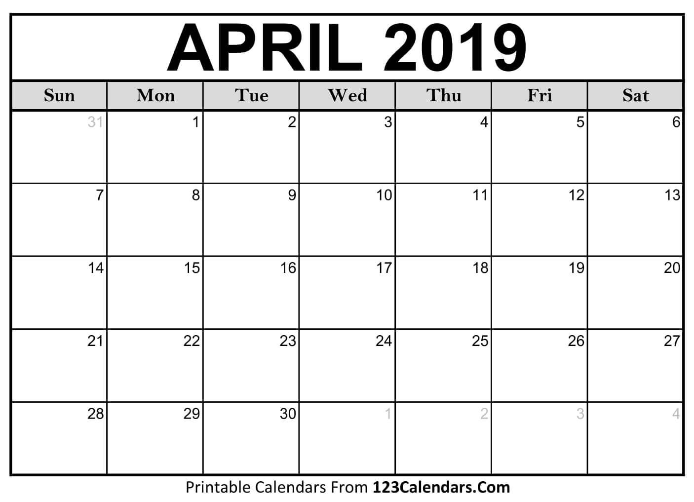 Printable April 2019 Calendar Templates  123Calendars Catch with regard to Printable Calendars From 123Calendars