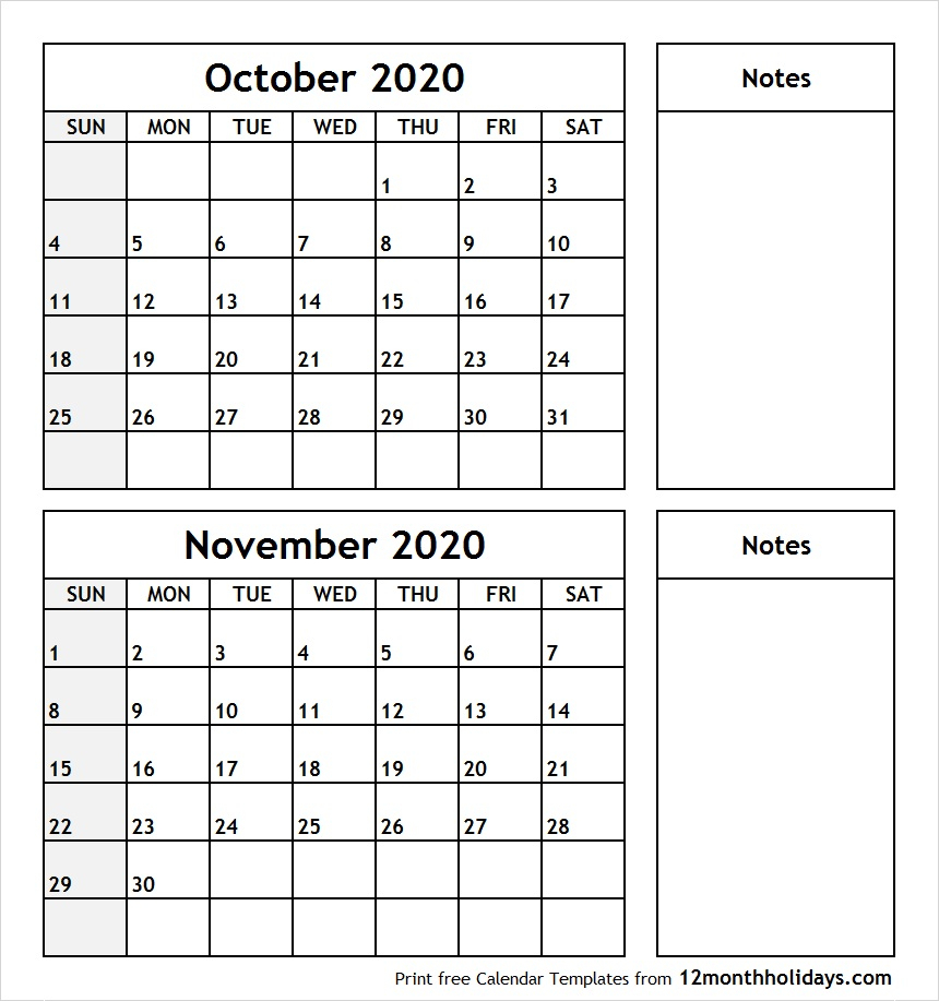 Printable Blank Two Month Calendar October November 2020 regarding October &amp; November 2020 Calendar