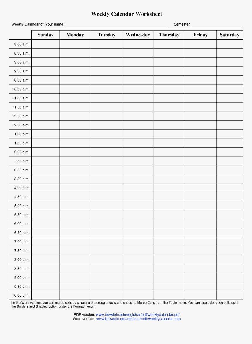 Printable Blank Weekly Calendar Worksheet Main Image  Used in Printable Blank Weekly Calendar