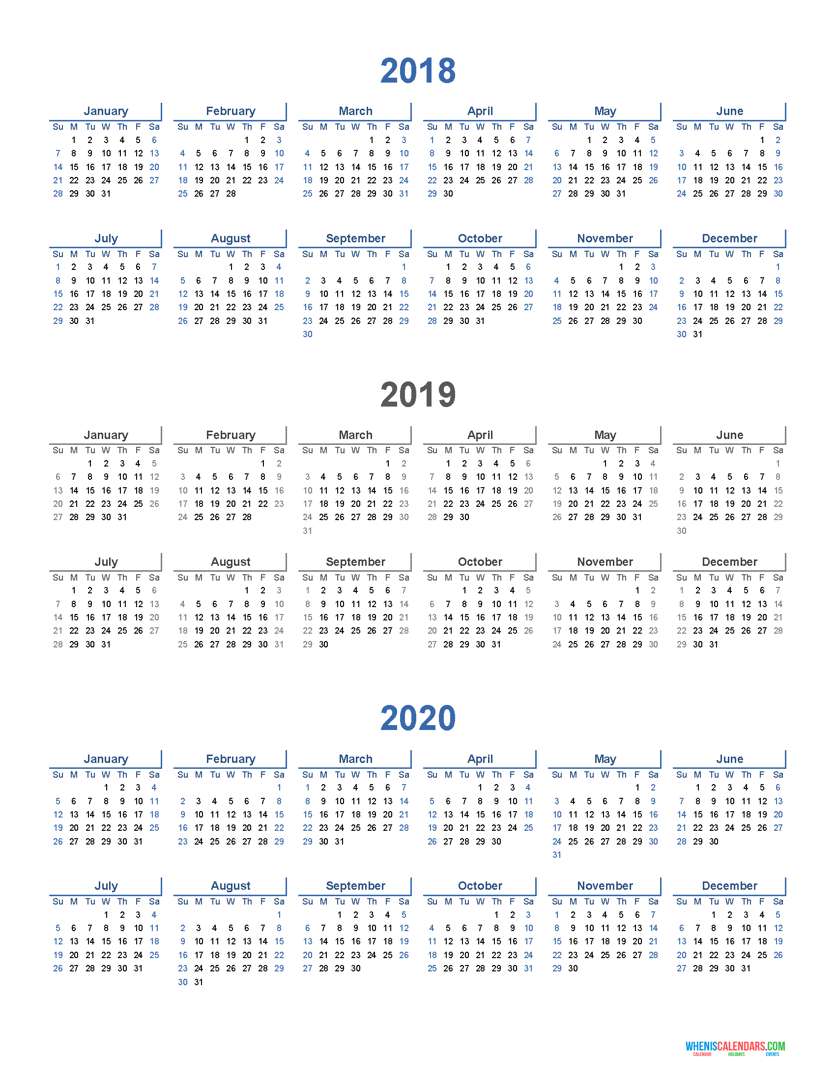 Printable Calendar 2018 2019 And 2020 3 Year Calendar with Three Year Calendar Printable