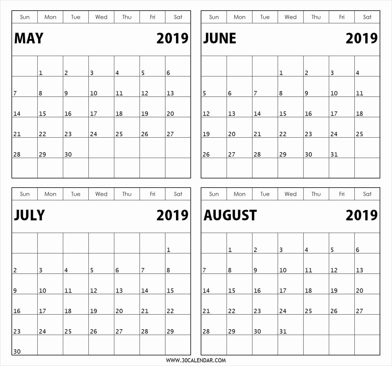 Printable Calendar 2019 2 Months Per Page | Printable4 inside Printable Calendar 4 Months Per Page