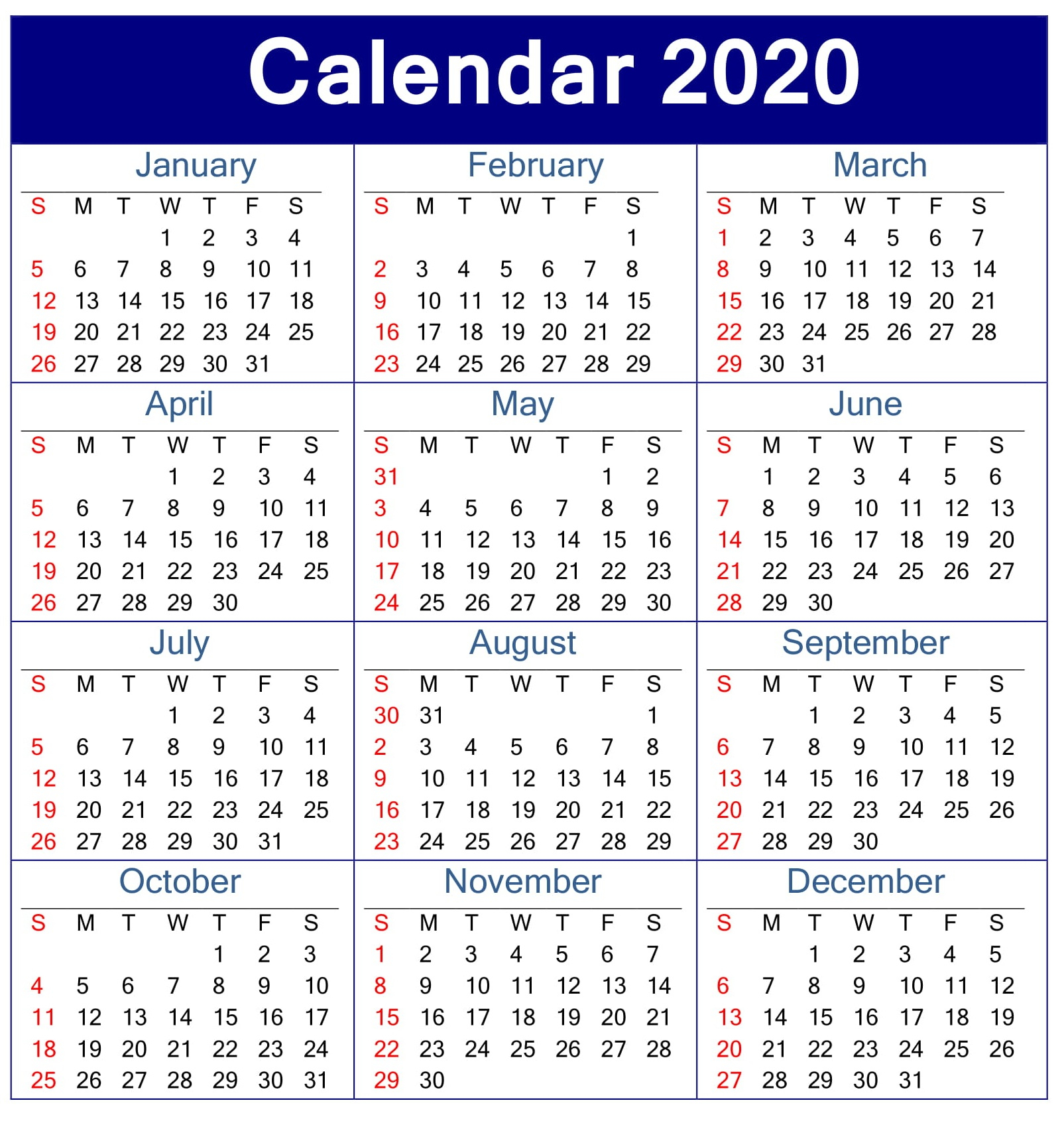 Printable Calendar 2020 Pdf Template – Free Latest Calendar throughout 2020 Employee Attendance Calendar Free