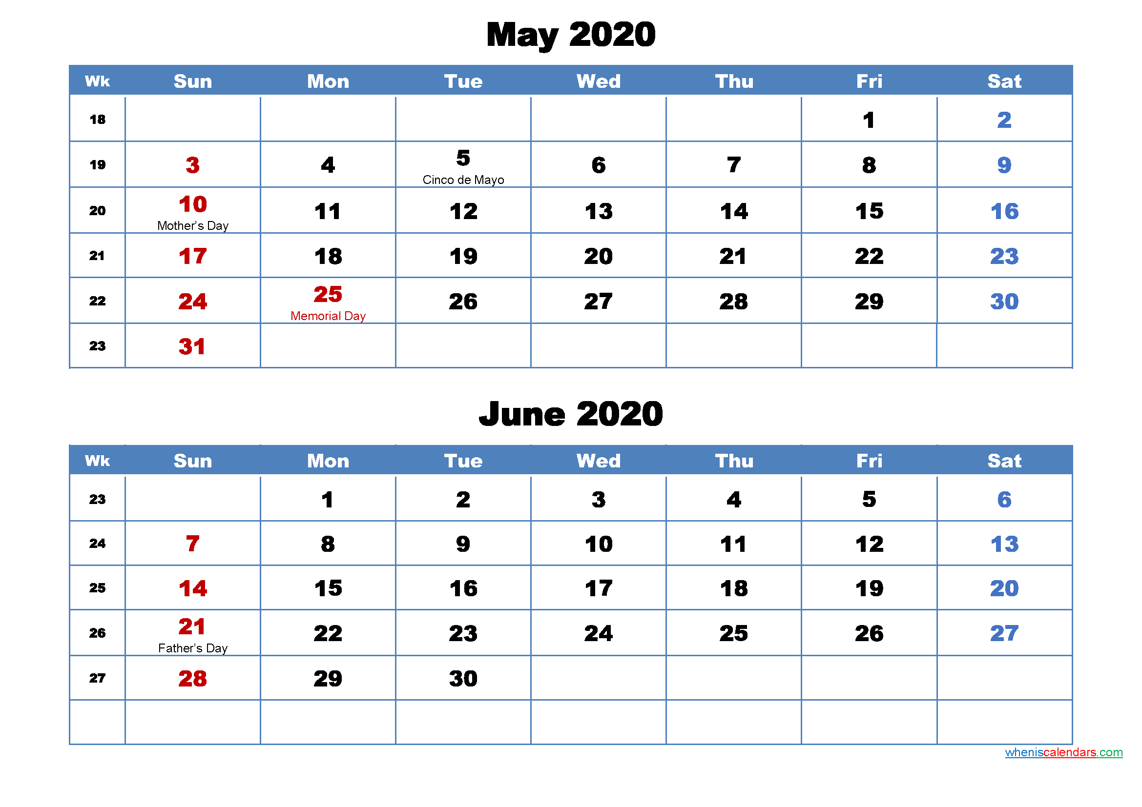Printable Calendar May And June 2020 Word, Pdf | Free within Printable Calendar 2 Months Per Page