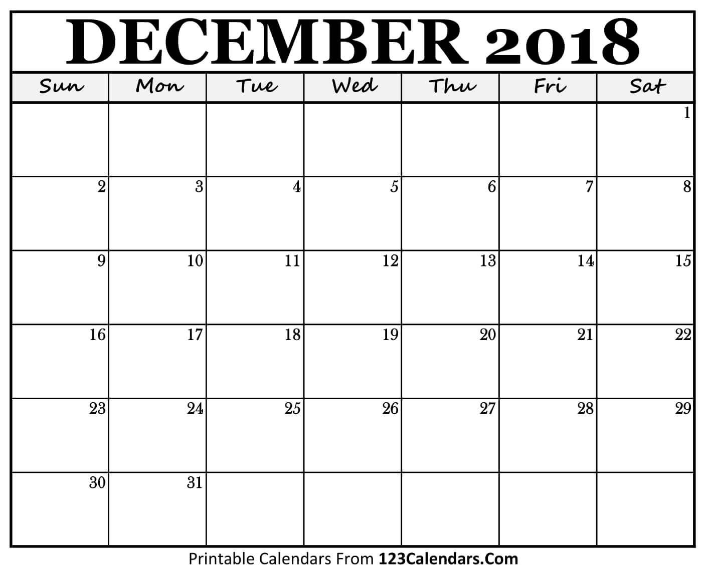 Printable December 2018 Calendar Templates  123Calendars with Printable Calendars From 123Calendars