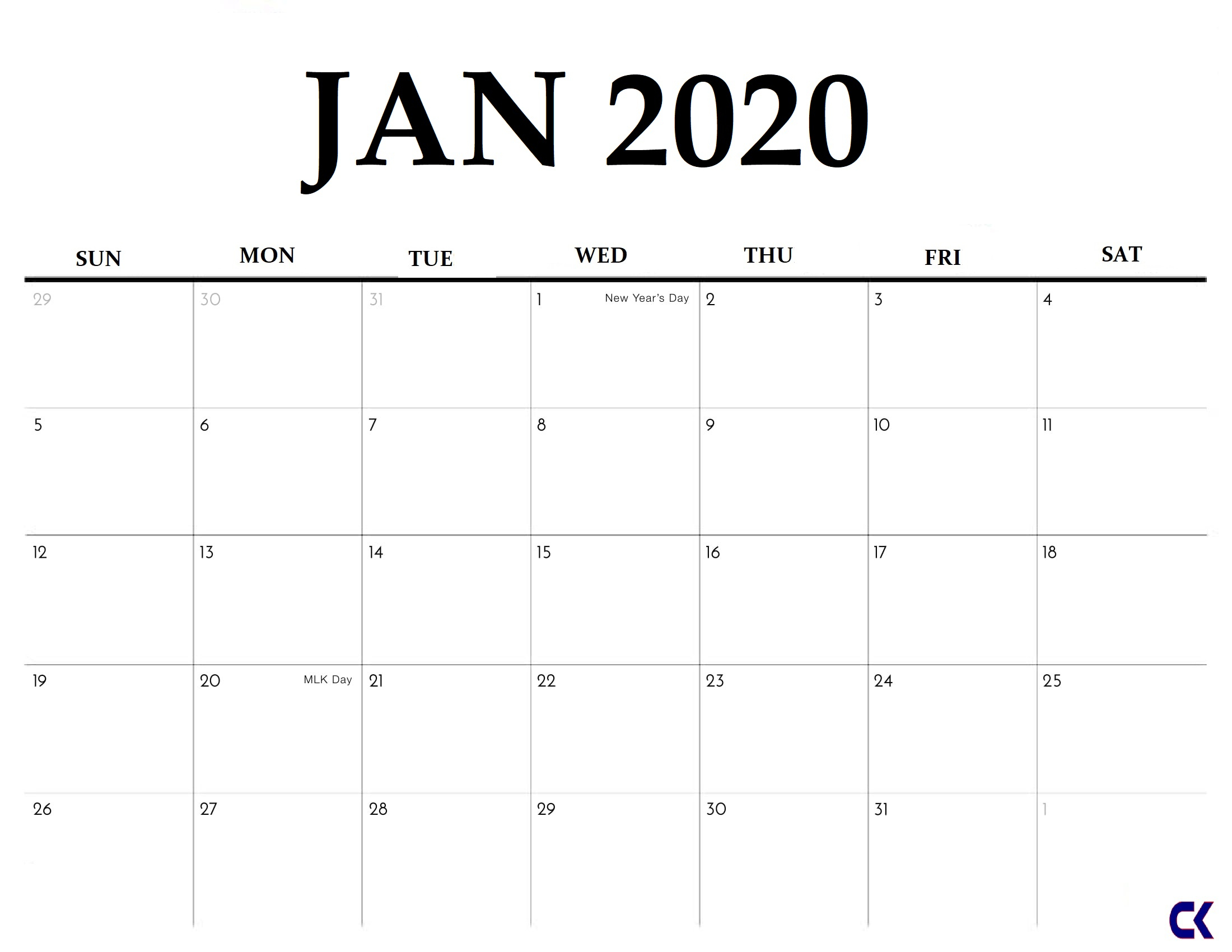 Printable January 2020 Calendar  Calendarkart for Jan 2020 Printable Calendar